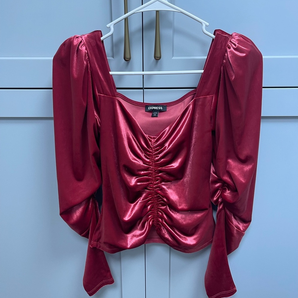 Express Velvet Blouse – Red | XXS | Ruched Detail & Poofy Sleeves
